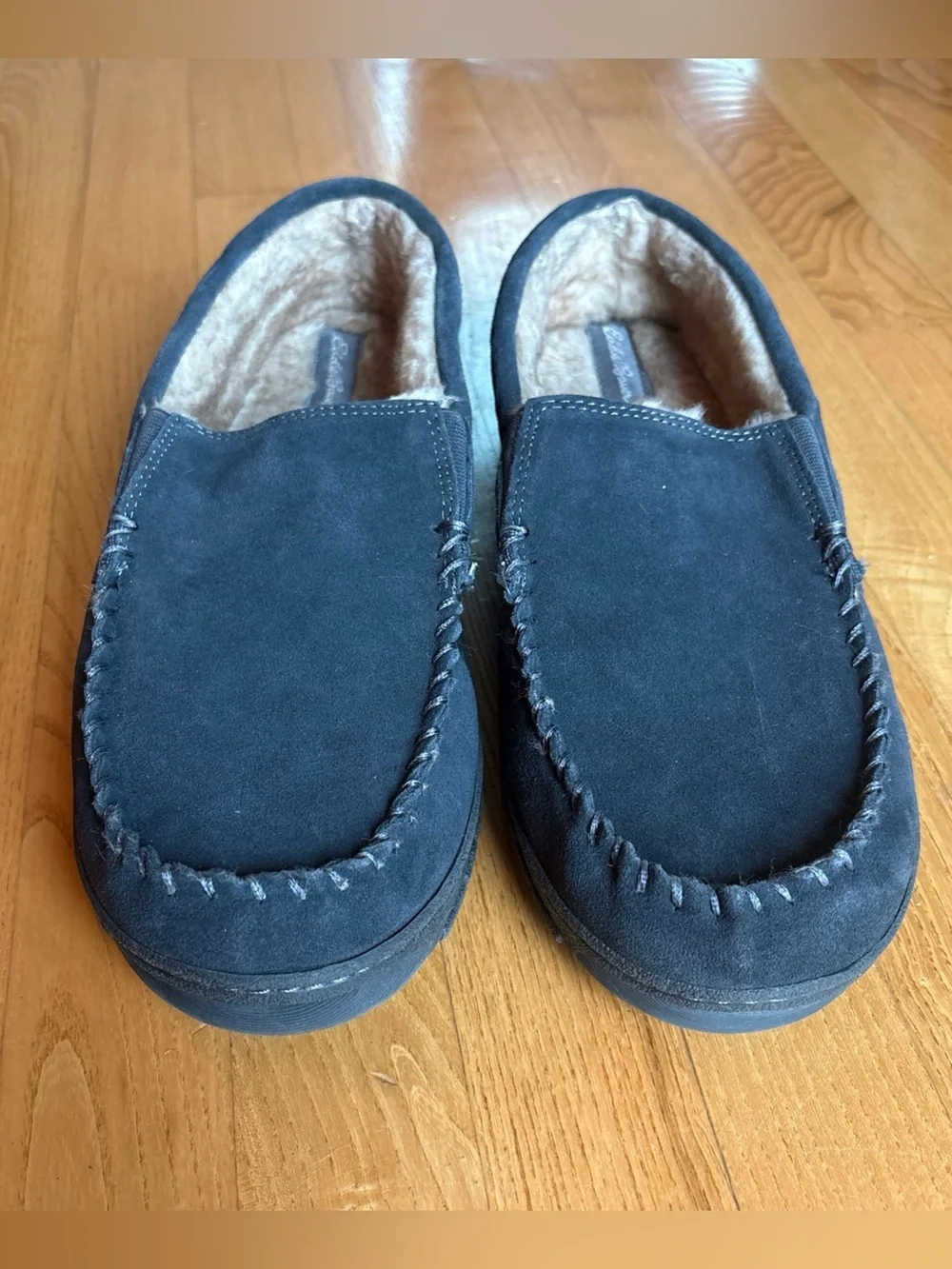 Eddie Bauer Mens Slippers Moccasins Dark Gray Suede Westhaven Faux Fur Sz XXL 13